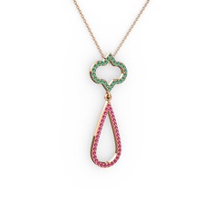 Yeşil kuvars ve rodolit garnet 14 ayar rose altın kolye (40 cm rose altın rolo zincir)