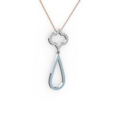 Beyaz zirkon ve akuamarin 8 ayar beyaz altın kolye (40 cm rose altın rolo zincir)