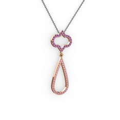 Ametist ve pembe kuvars 18 ayar rose altın kolye (40 cm gümüş rolo zincir)