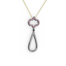 Vidonia Kolye - Pembe kuvars ve beyaz zirkon 925 ayar siyah rodyum kaplama gümüş kolye (40 cm altın rolo zincir) #16b0m4o
