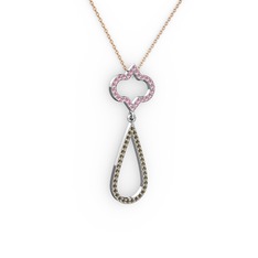 Pembe kuvars ve dumanlı kuvars 18 ayar beyaz altın kolye (40 cm gümüş rolo zincir)