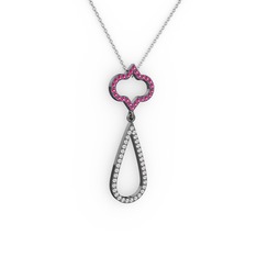 Rodolit garnet ve beyaz zirkon 925 ayar siyah rodyum kaplama gümüş kolye (40 cm beyaz altın rolo zincir)