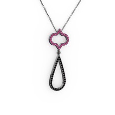 Vidonia Kolye - Rodolit garnet ve siyah zirkon 925 ayar siyah rodyum kaplama gümüş kolye (40 cm gümüş rolo zincir) #17zbwwl