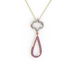 Vidonia Kolye - Akuamarin ve ametist 8 ayar rose altın kolye (40 cm altın rolo zincir) #18hrvid