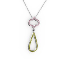 Vidonia Kolye - Pembe kuvars ve peridot 18 ayar beyaz altın kolye (40 cm beyaz altın rolo zincir) #18n4srt