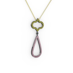 Vidonia Kolye - Peridot ve pembe kuvars 925 ayar siyah rodyum kaplama gümüş kolye (40 cm gümüş rolo zincir) #18xlkj6
