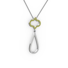 Peridot ve pırlanta 18 ayar beyaz altın kolye (0.324 karat, 40 cm gümüş rolo zincir)