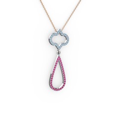 Akuamarin ve rodolit garnet 18 ayar beyaz altın kolye (40 cm rose altın rolo zincir)