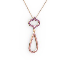 Ametist ve pembe kuvars 18 ayar rose altın kolye (40 cm rose altın rolo zincir)