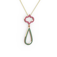 Rodolit garnet ve kök zümrüt 8 ayar rose altın kolye (40 cm altın rolo zincir)