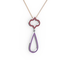 Garnet ve ametist 8 ayar beyaz altın kolye (40 cm rose altın rolo zincir)