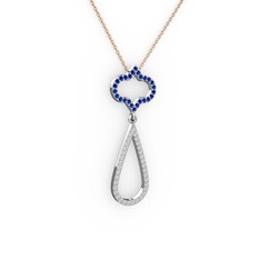 Lab safir ve beyaz zirkon 925 ayar gümüş kolye (40 cm rose altın rolo zincir)