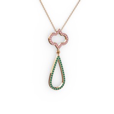 Vidonia Kolye - Pembe kuvars ve kök zümrüt 925 ayar rose altın kaplama gümüş kolye (40 cm rose altın rolo zincir) #1hsweh7