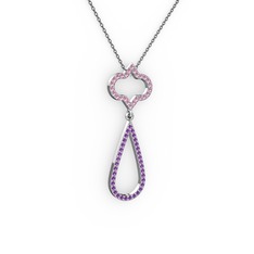 Vidonia Kolye - Pembe kuvars ve ametist 18 ayar beyaz altın kolye (40 cm gümüş rolo zincir) #1htacm7