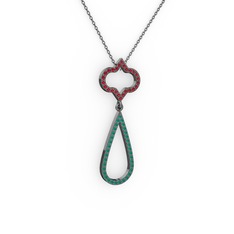 Garnet ve kök zümrüt 925 ayar siyah rodyum kaplama gümüş kolye (40 cm gümüş rolo zincir)