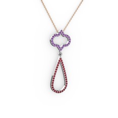 Ametist ve garnet 8 ayar beyaz altın kolye (40 cm rose altın rolo zincir)