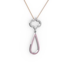 Swarovski ve pembe kuvars 14 ayar beyaz altın kolye (40 cm gümüş rolo zincir)