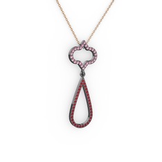 Pembe kuvars ve garnet 925 ayar siyah rodyum kaplama gümüş kolye (40 cm rose altın rolo zincir)