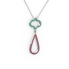 Yeşil kuvars ve garnet 18 ayar beyaz altın kolye (40 cm beyaz altın rolo zincir)