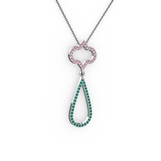 Vidonia Kolye - Pembe kuvars ve kök zümrüt 14 ayar beyaz altın kolye (40 cm gümüş rolo zincir) #1kq18pd