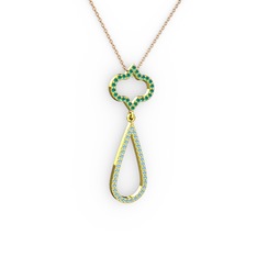 Vidonia Kolye - Kök zümrüt ve akuamarin 8 ayar altın kolye (40 cm rose altın rolo zincir) #1kyewmx