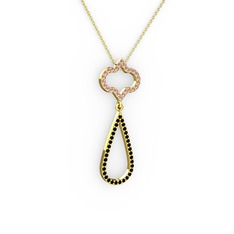 Pembe kuvars ve siyah zirkon 925 ayar altın kaplama gümüş kolye (40 cm gümüş rolo zincir)