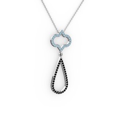 Vidonia Kolye - Akuamarin ve siyah zirkon 925 ayar gümüş kolye (40 cm beyaz altın rolo zincir) #1ol5z4u