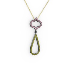 Vidonia Kolye - Pembe kuvars ve peridot 925 ayar siyah rodyum kaplama gümüş kolye (40 cm altın rolo zincir) #1p3h63