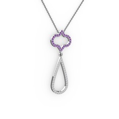 Ametist ve pırlanta 18 ayar beyaz altın kolye (0.324 karat, 40 cm gümüş rolo zincir)