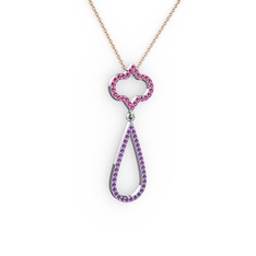 Rodolit garnet ve ametist 18 ayar beyaz altın kolye (40 cm rose altın rolo zincir)