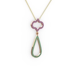 Ametist ve yeşil kuvars 18 ayar rose altın kolye (40 cm altın rolo zincir)