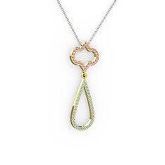 Pembe kuvars ve akuamarin 14 ayar altın kolye (40 cm beyaz altın rolo zincir)