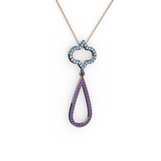 Akuamarin ve ametist 925 ayar siyah rodyum kaplama gümüş kolye (40 cm gümüş rolo zincir)