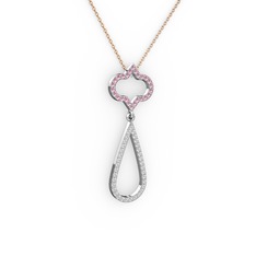 Pembe kuvars ve beyaz zirkon 925 ayar gümüş kolye (40 cm rose altın rolo zincir)