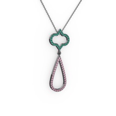 Vidonia Kolye - Kök zümrüt ve pembe kuvars 925 ayar siyah rodyum kaplama gümüş kolye (40 cm gümüş rolo zincir) #2qvijr