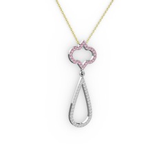 Pembe kuvars ve beyaz zirkon 925 ayar gümüş kolye (40 cm altın rolo zincir)