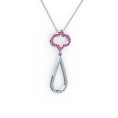 Rodolit garnet ve akuamarin 8 ayar beyaz altın kolye (40 cm gümüş rolo zincir)