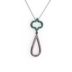 Vidonia Kolye - Kök zümrüt ve pembe kuvars 925 ayar siyah rodyum kaplama gümüş kolye (40 cm beyaz altın rolo zincir) #6tsnoe