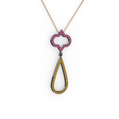 Rodolit garnet ve sitrin 925 ayar siyah rodyum kaplama gümüş kolye (40 cm rose altın rolo zincir)