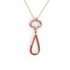 Pembe kuvars ve garnet 8 ayar rose altın kolye (40 cm gümüş rolo zincir)