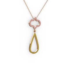 Pembe kuvars ve peridot 14 ayar rose altın kolye (40 cm gümüş rolo zincir)