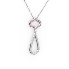Pembe kuvars ve swarovski 14 ayar beyaz altın kolye (40 cm beyaz altın rolo zincir)