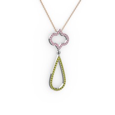 Pembe kuvars ve peridot 18 ayar beyaz altın kolye (40 cm rose altın rolo zincir)