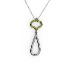 Peridot ve beyaz zirkon 925 ayar siyah rodyum kaplama gümüş kolye (40 cm beyaz altın rolo zincir)
