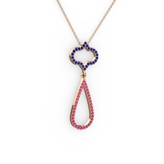 Lab safir ve rodolit garnet 18 ayar rose altın kolye (40 cm rose altın rolo zincir)