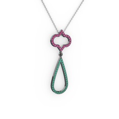 Vidonia Kolye - Rodolit garnet ve yeşil kuvars 925 ayar siyah rodyum kaplama gümüş kolye (40 cm beyaz altın rolo zincir) #l543qq