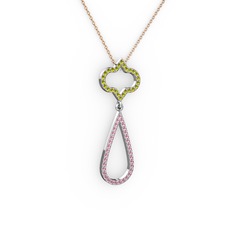 Vidonia Kolye - Peridot ve pembe kuvars 14 ayar beyaz altın kolye (40 cm rose altın rolo zincir) #nk5skr