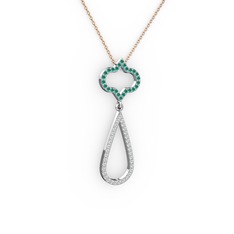 Kök zümrüt ve beyaz zirkon 8 ayar beyaz altın kolye (40 cm rose altın rolo zincir)