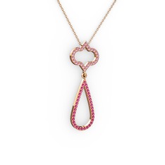 Pembe kuvars ve rodolit garnet 14 ayar rose altın kolye (40 cm rose altın rolo zincir)