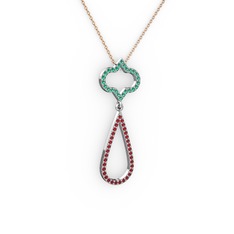 Yeşil kuvars ve garnet 14 ayar beyaz altın kolye (40 cm rose altın rolo zincir)